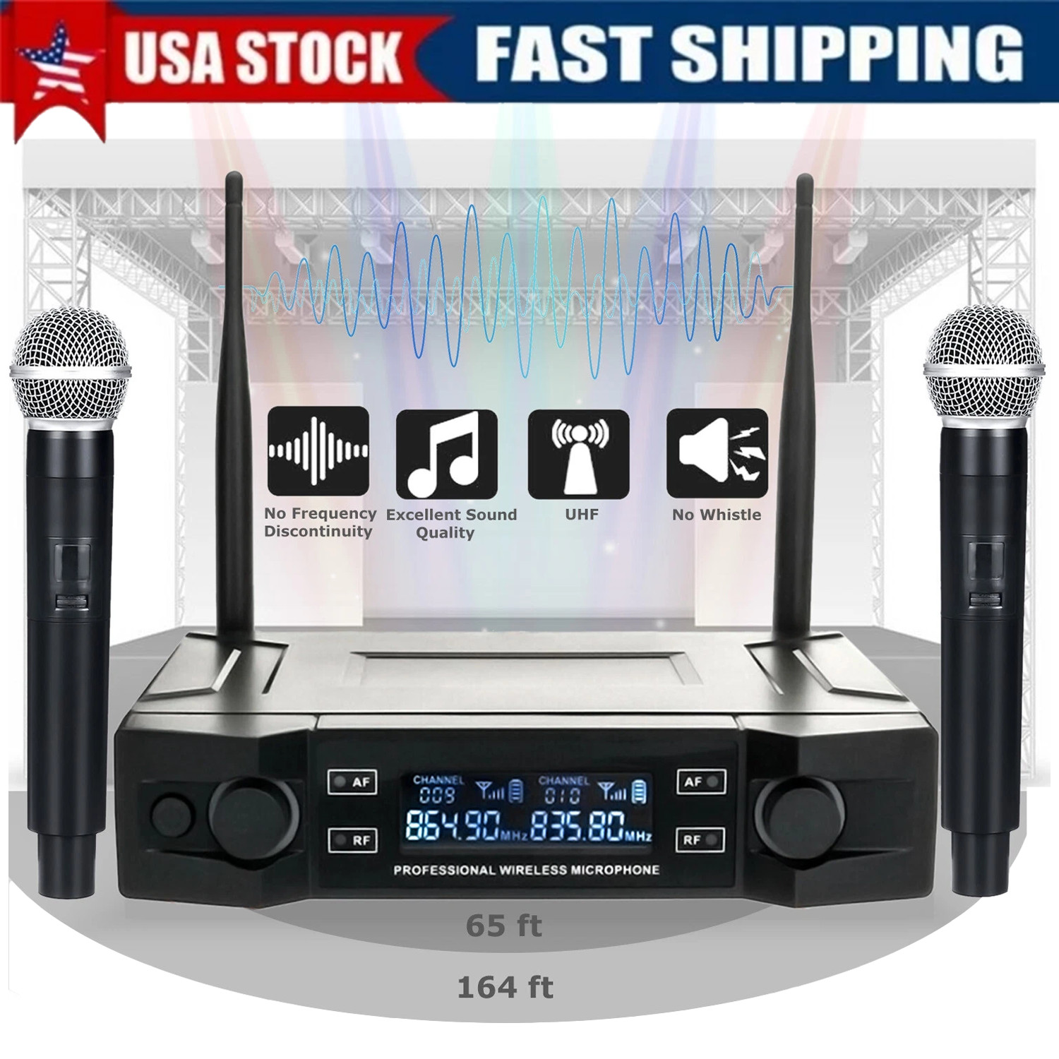 Professional Cordless 2 Channel UHF Wireless Dual Microphone Handheld Mic System