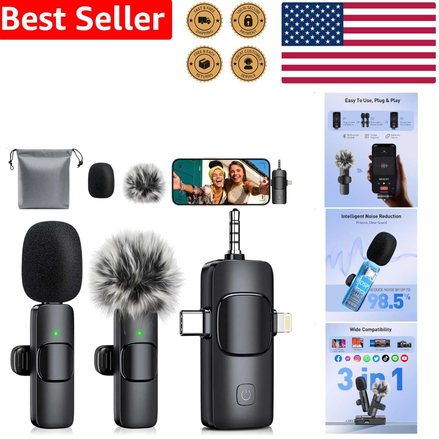 Wireless Lavalier Microphone 3-in-1 iPhone Android Camera 80ft Noise Reducing…