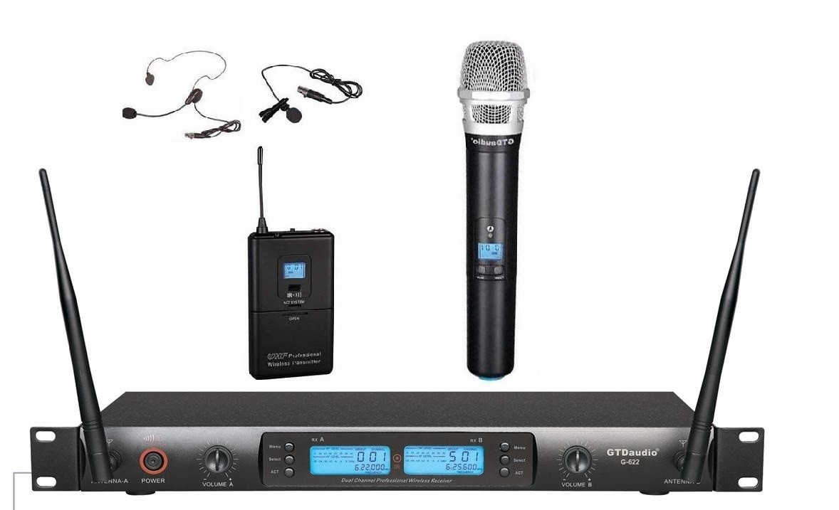 2×100 Channel UHF Wireless Lapel Headset Lavalier Microphone System 622HL