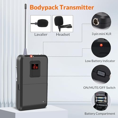 200-Channel Wireless Microphones System, Wireless Lavalier Microphone, Black
