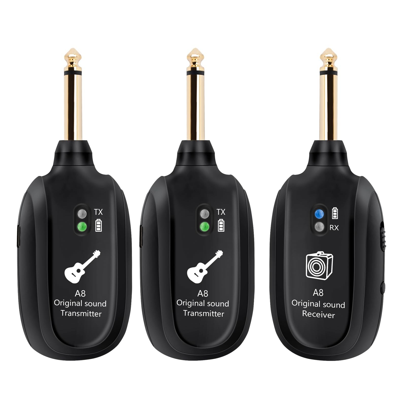 A8 Wireless Guitar Transmitter System (2TX+1RX), Black