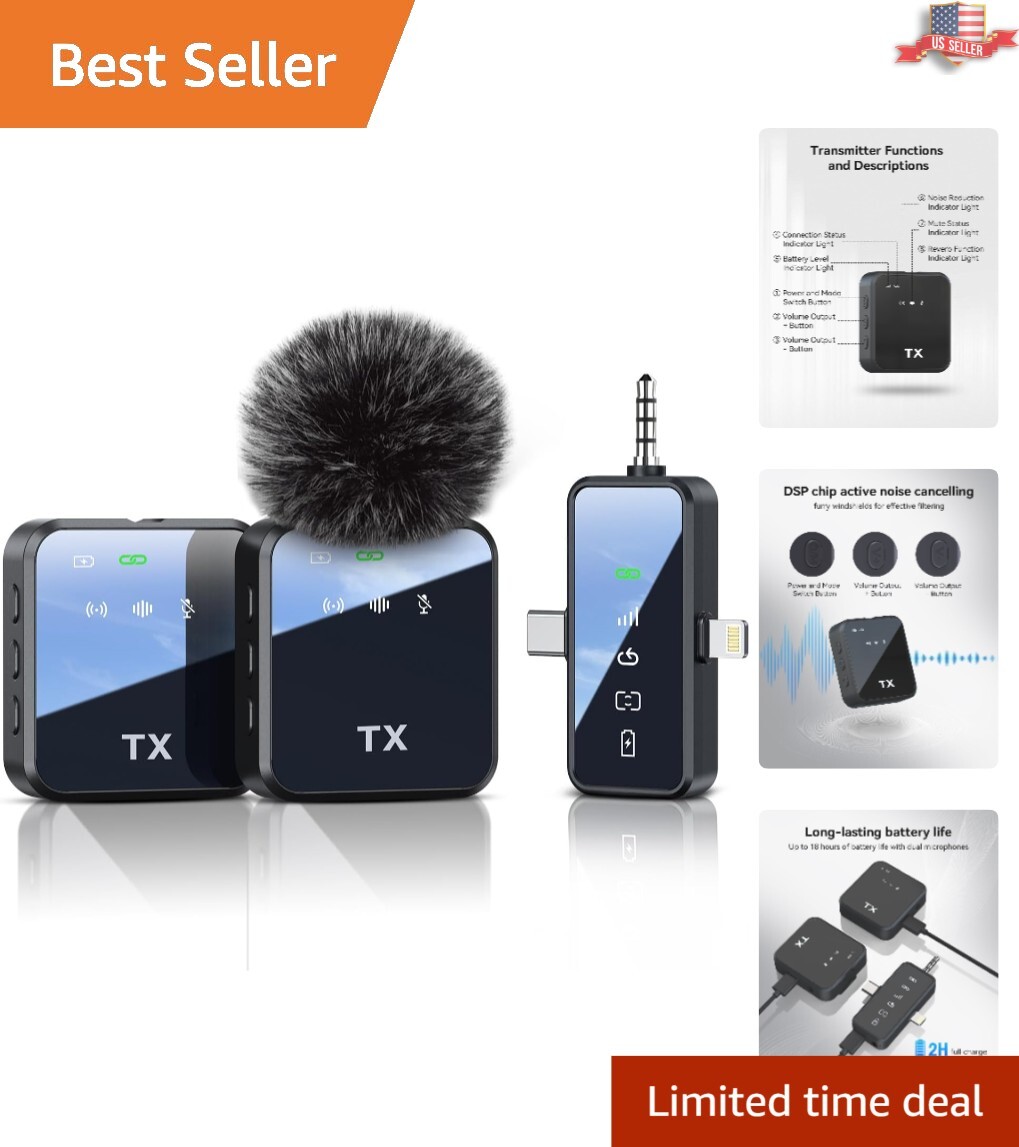 Versatile Wireless Microphone for YouTube, Tiktok, iPhone – 18H Portable Battery