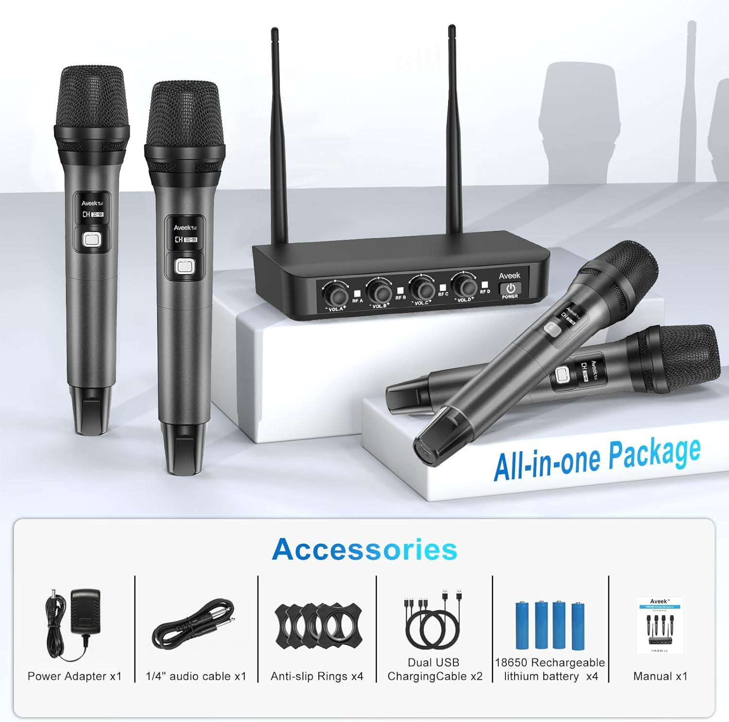 Wireless Microphone System with 4-Pack Dynamic Handheld Mics, 262Ft Long Range,