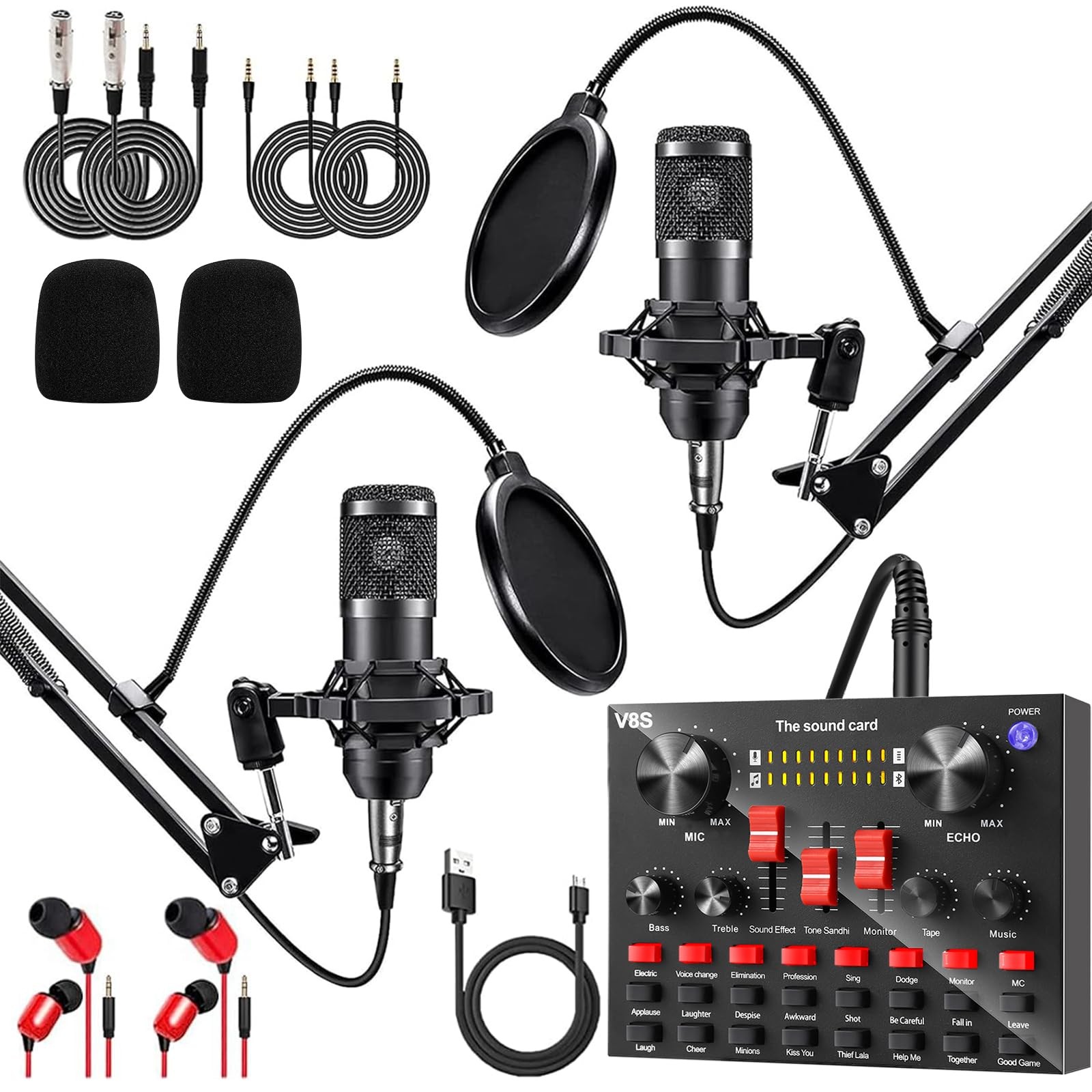 Podcast Equipment Bundle for 2, V8K Audio Interface with Cardioid Designer BM…