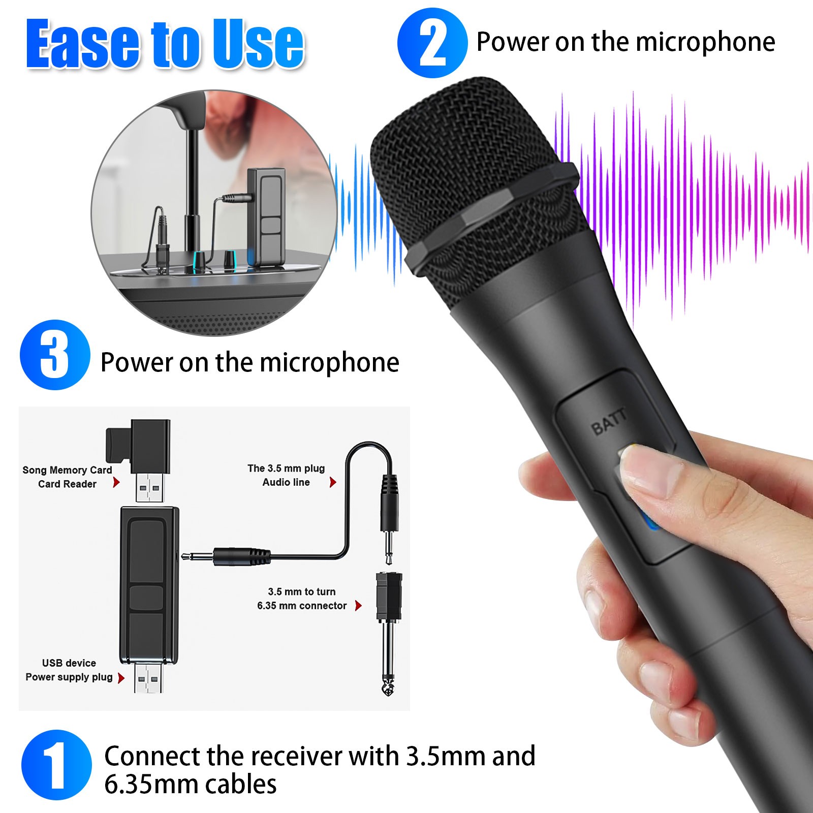2PCS Wireless VHF Microphone Professional Handheld Mic System Karaoke w/Receiver