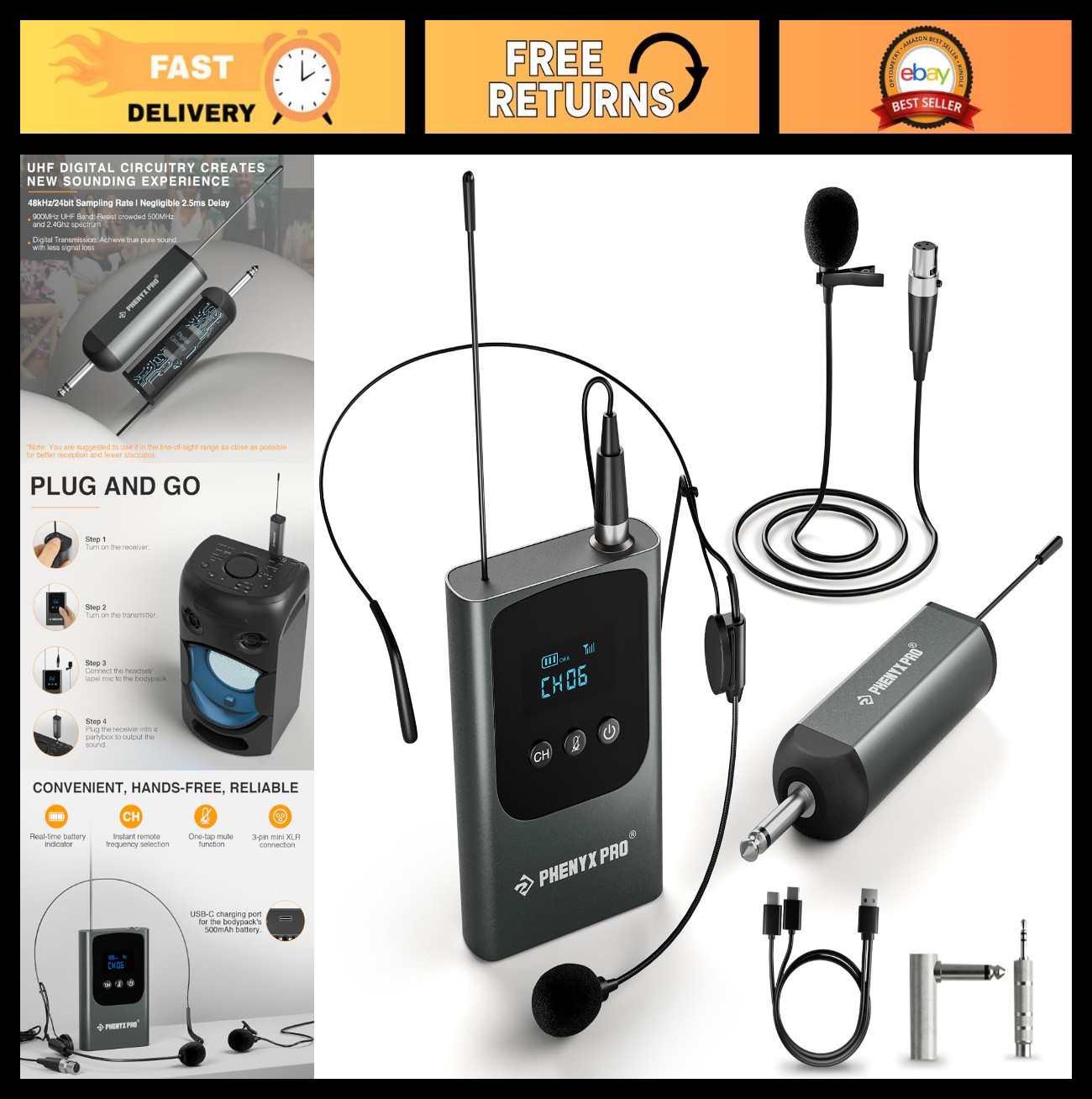 Digital Wireless Microphone System with Mini Receiver & Bodypack Transmitter, 15