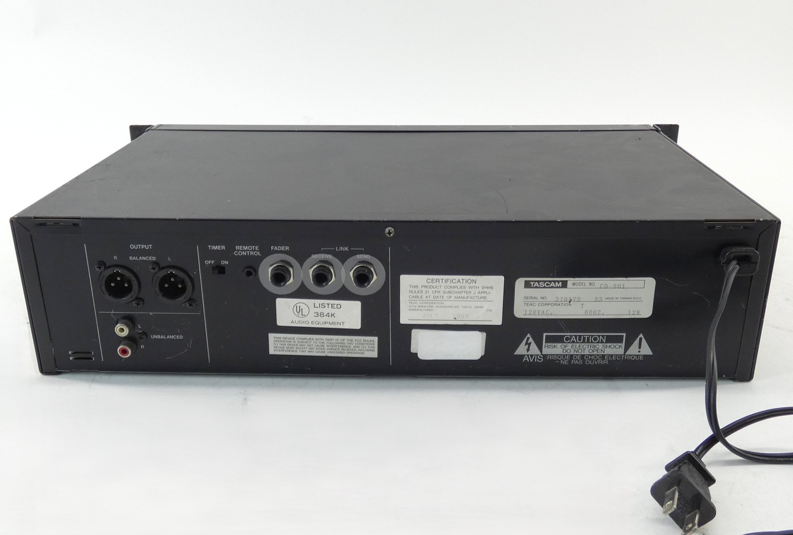 Tascam CD-301 CD Player 120VAC 60Hz 12W