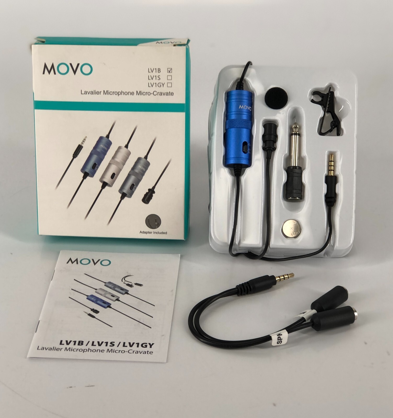 Movo LV1 Lapel Clip-on Mic w/ Headphone Monitoring, Blue, for DSLR Smartphone +