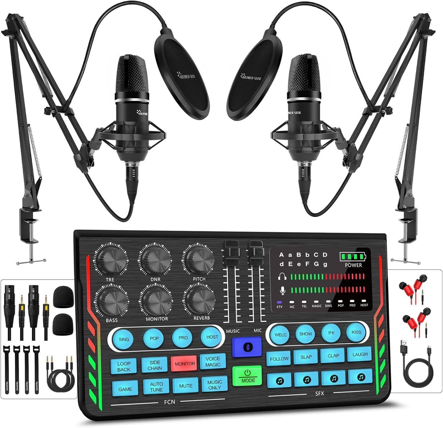 Podcast Equipment Bundle for 2, DJ Mixer with 3.5mm Diaphragm Condenser Micropho