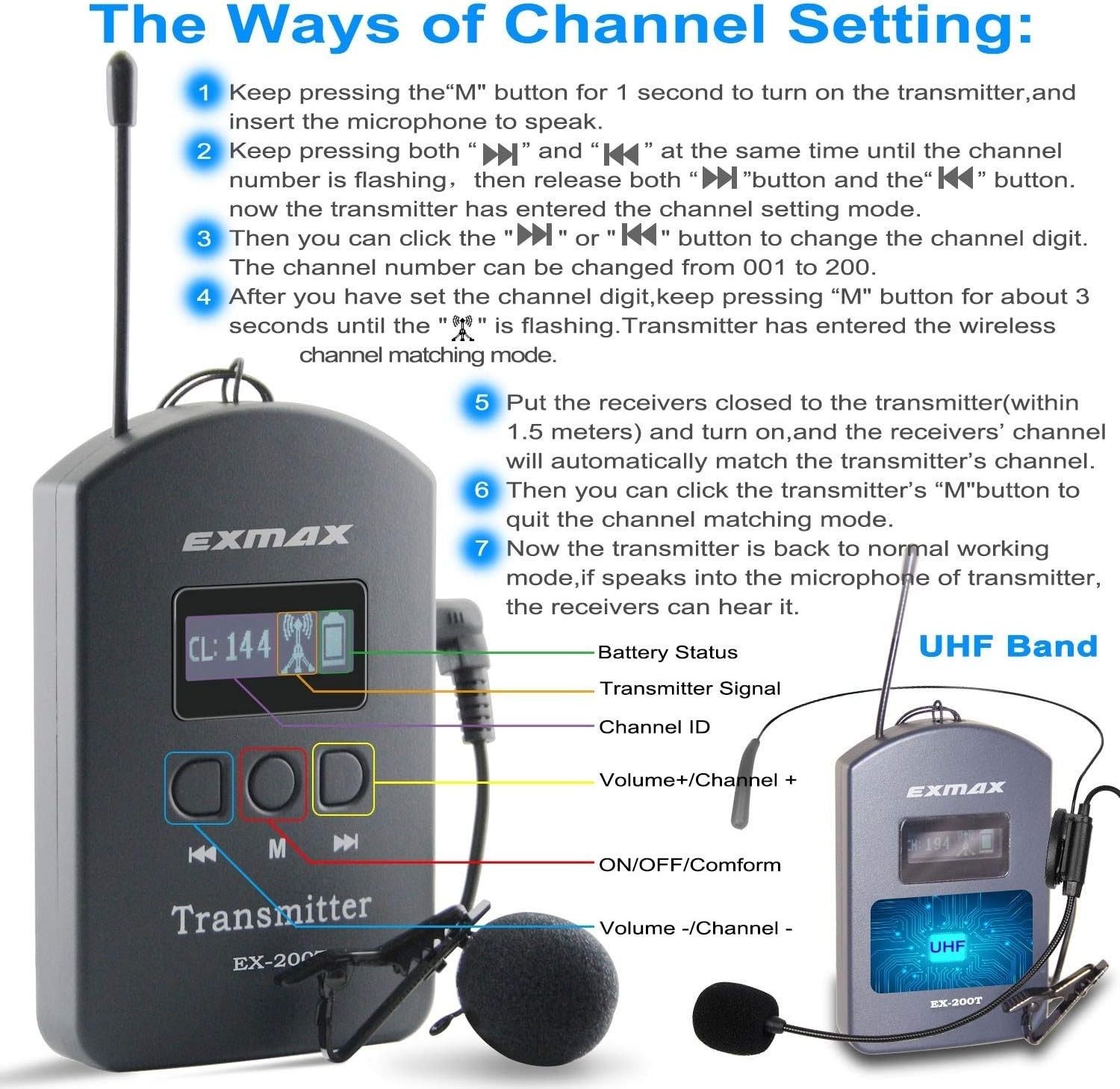 EXMAX EX-200E UHF Wireless Tour Guide System for Private Speech City Tours(1T2R)
