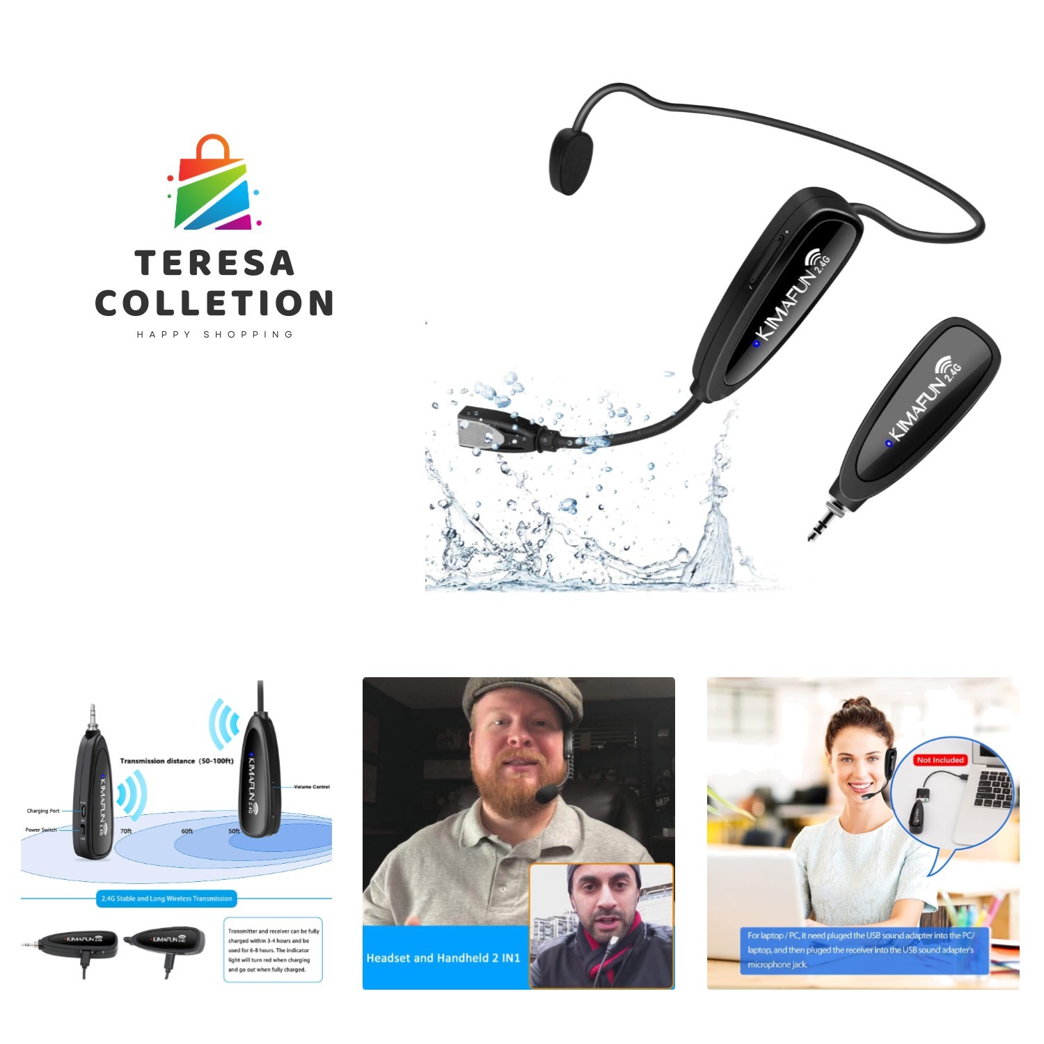 Headset Wireless Microphone System, No Need Bluetooth, Waterproof Head Mic fo…