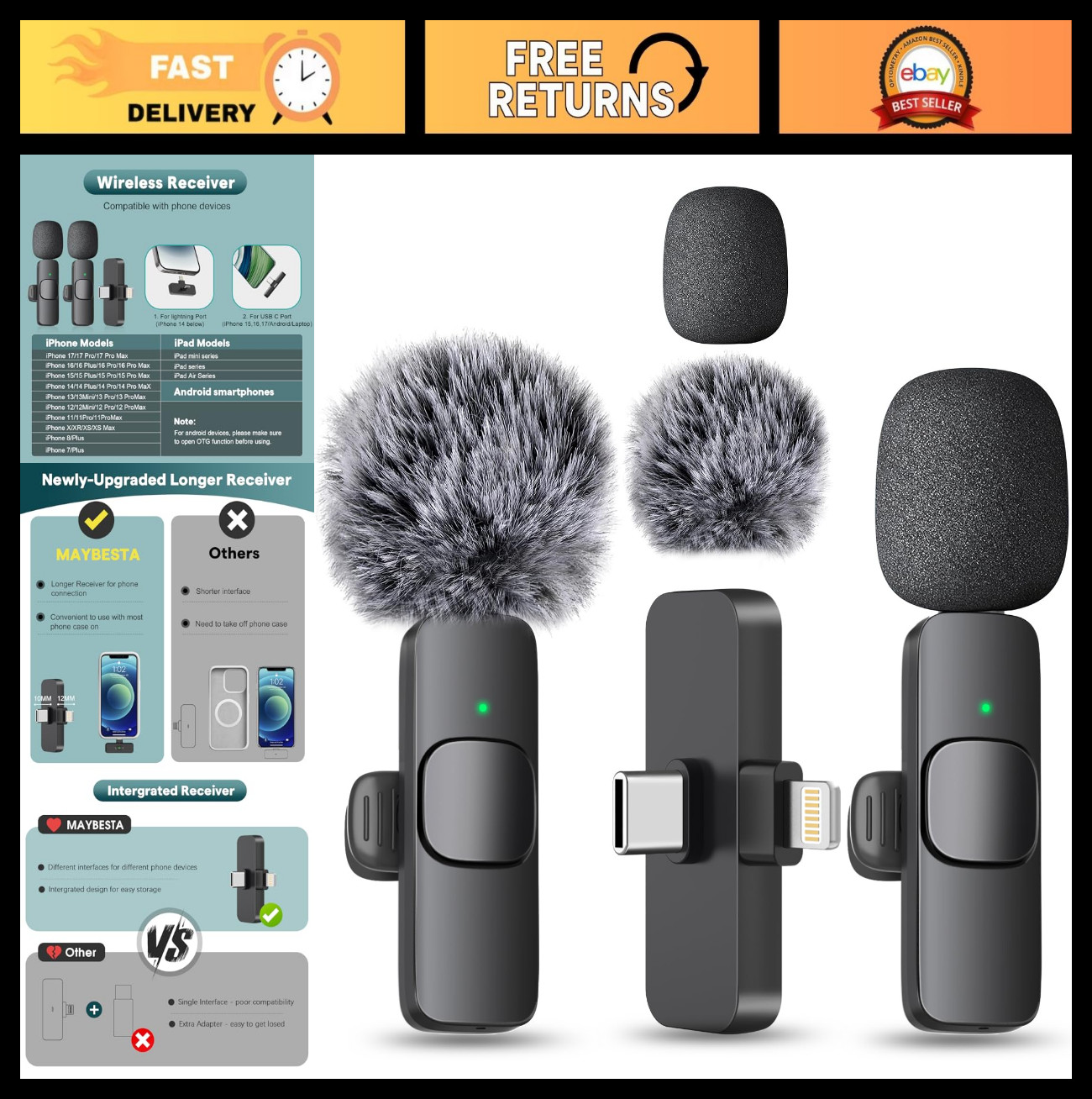 Wireless Mini Microphone 2 Pack – Lavalier Lapel Mic for iPhone Android – Audio