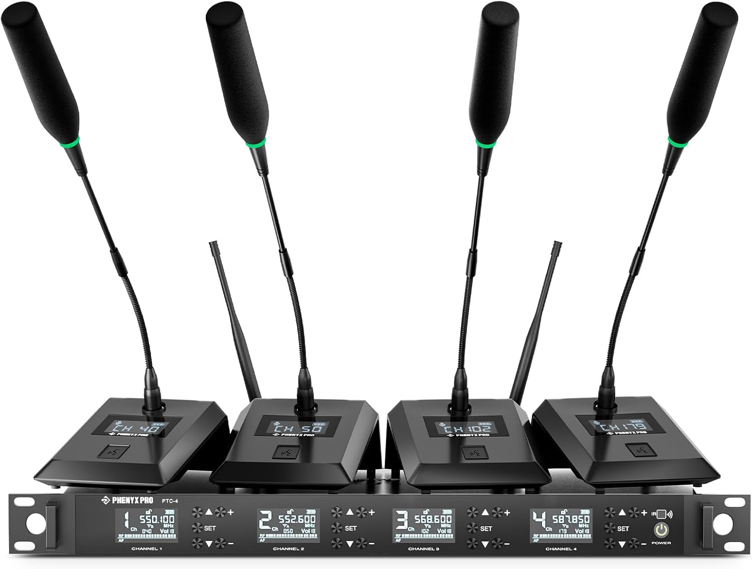 Quad Channel Wireless Conference Microphone System with 4 Gooseneck Mics