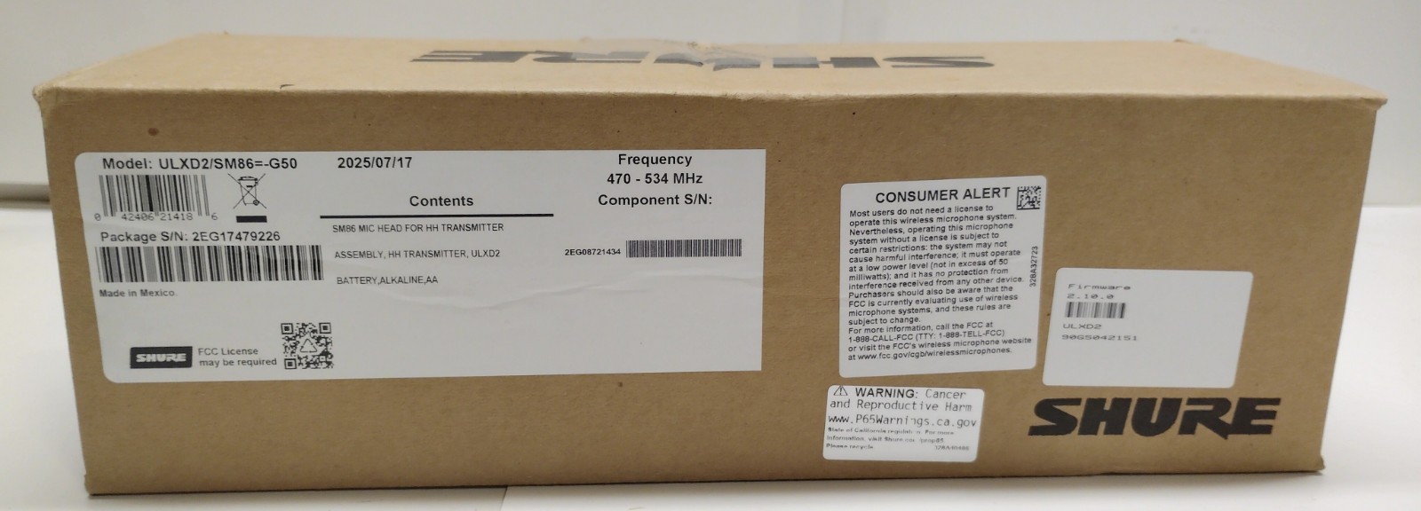 Brand New Shure ULXD2/SM86 G50 Wireless Microphone-Factory Sealed