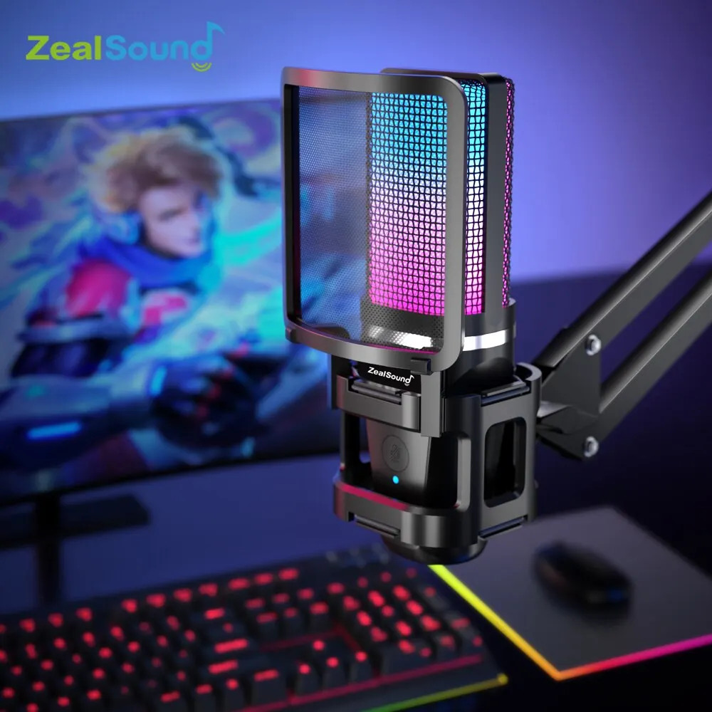 Zealsound RGB Condenser Microphone — Articulating Arm, Tripod for Streaming/Podc