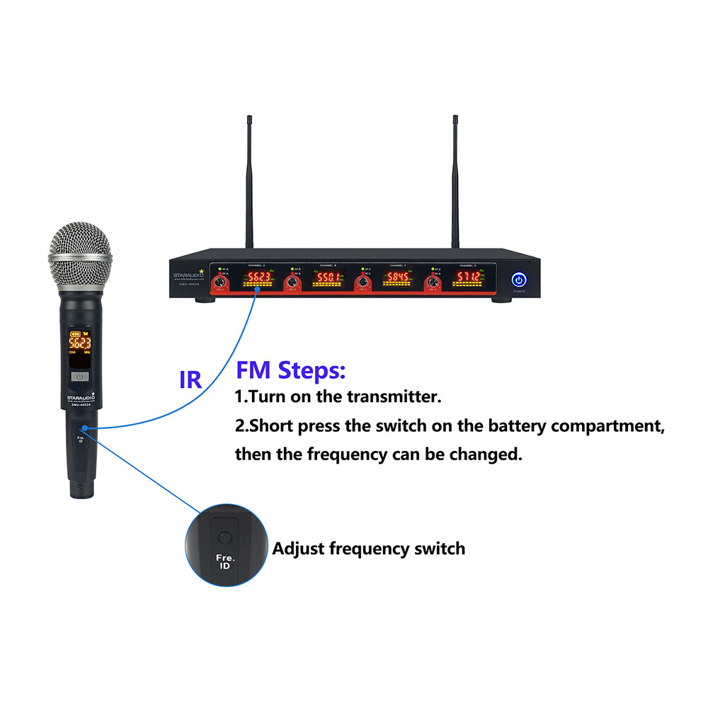 4 Channel UHF Wireless Microphone System 4 Handheld IR Karaoke Church Microphone