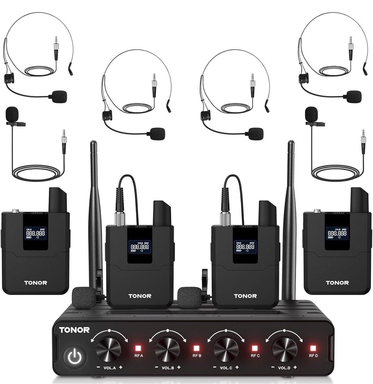 TONOR Wireless Mic System UHF 4x Bodypack 4x lapel 4x ear 4ch TW364 Microphones