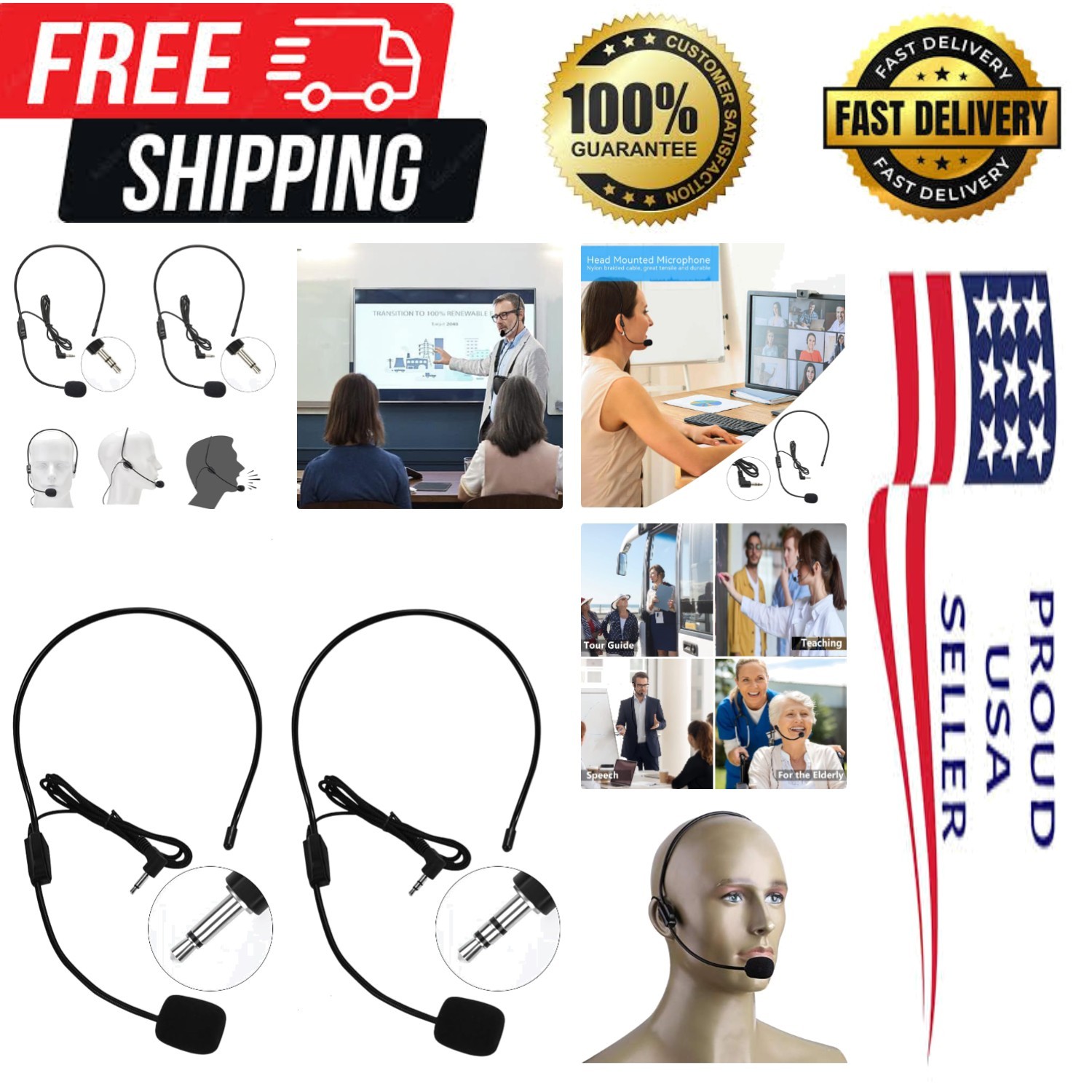 Set of 2 Headset Microphone, Flexible Wired Boom for Voice Amplifier,Teachers…