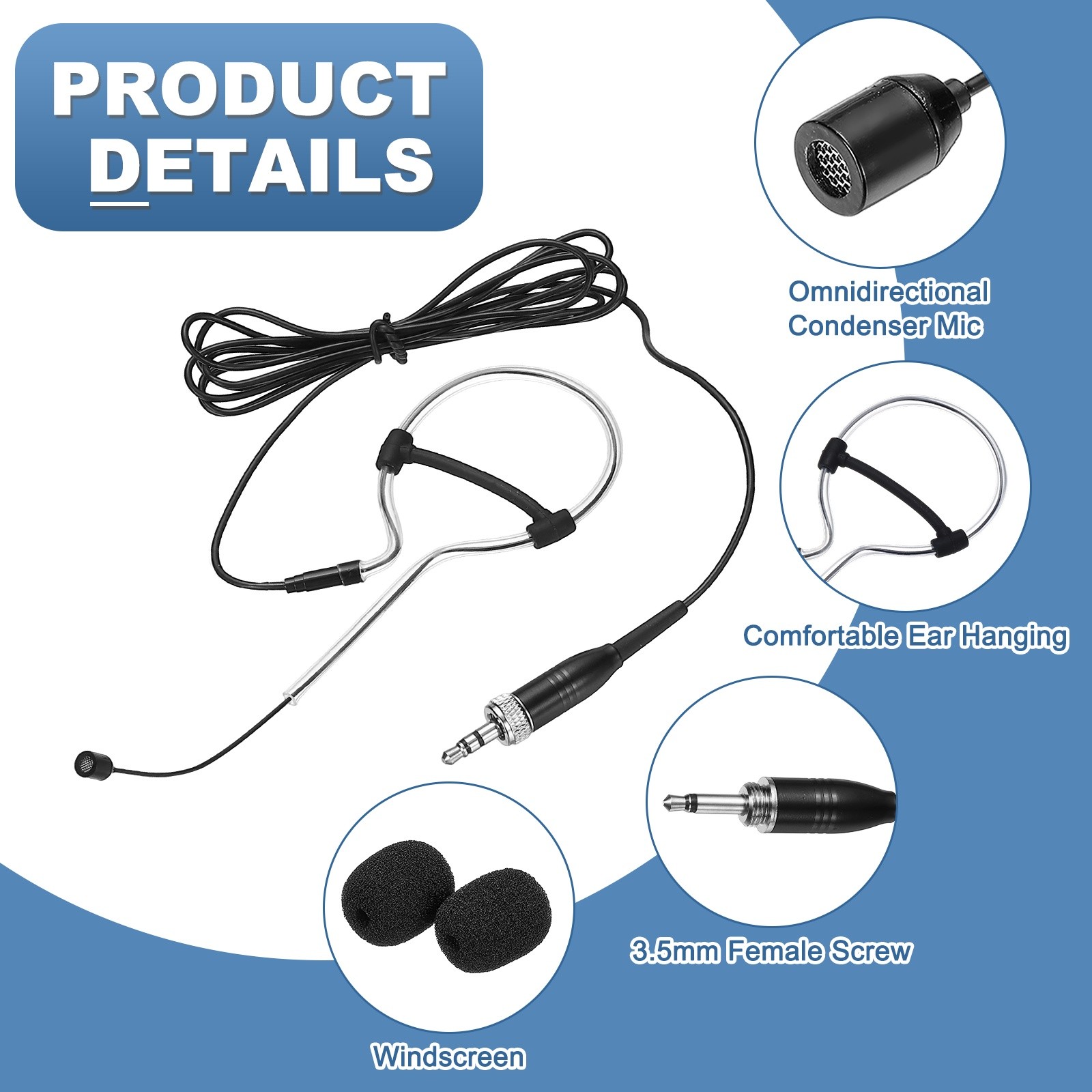 Ear Hook Microphone, Single Ear Headset with 3.5mm Female Screw Plug, Black