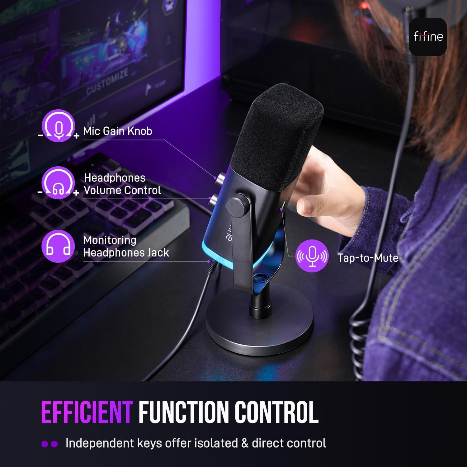 USB/XLR Dynamic Microphone RGB Streaming Podcast Mic w/ Mute Stand AM8