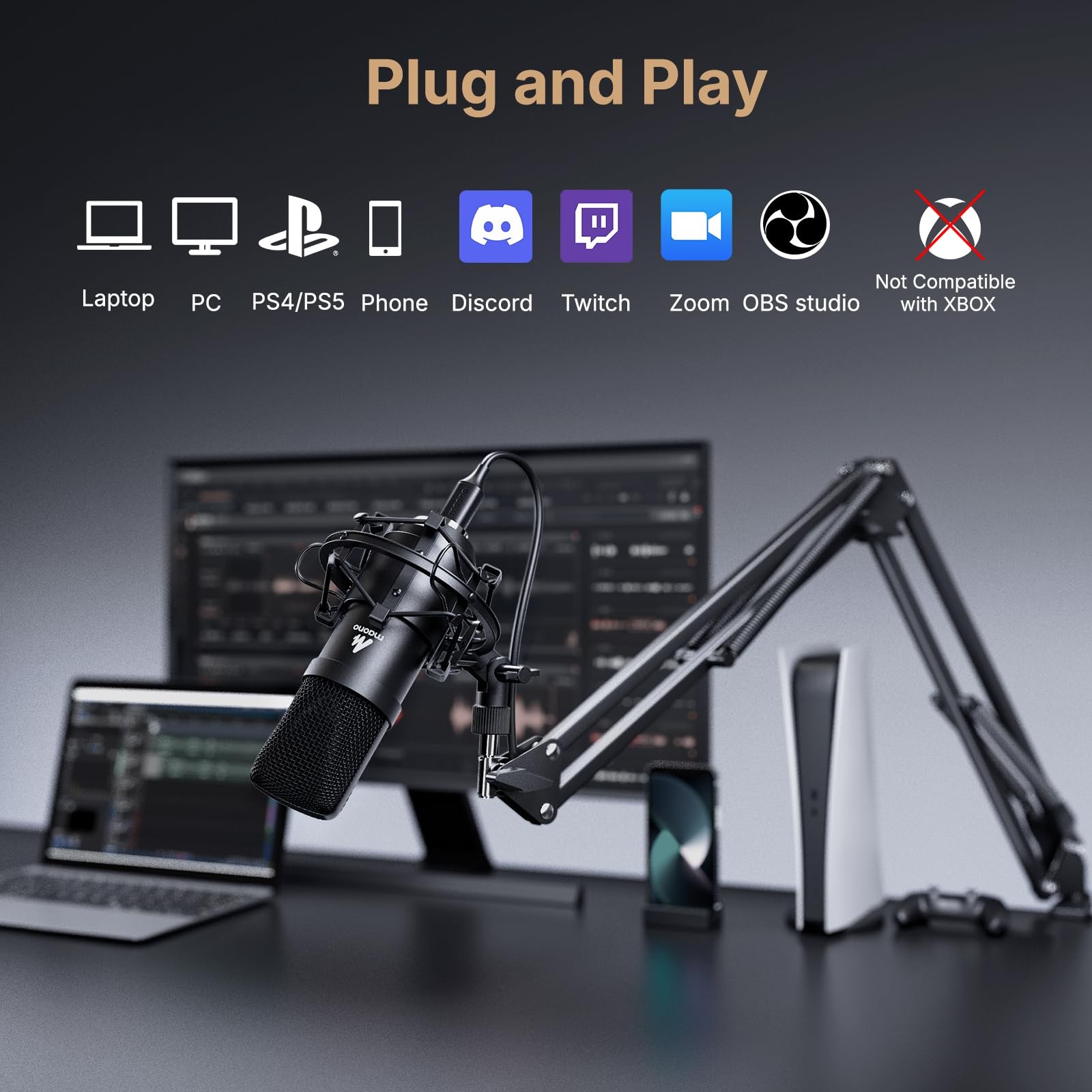 MAONO Microphone with Studio Headphone Set 192kHz/24bit Vocal Condenser Cardioid