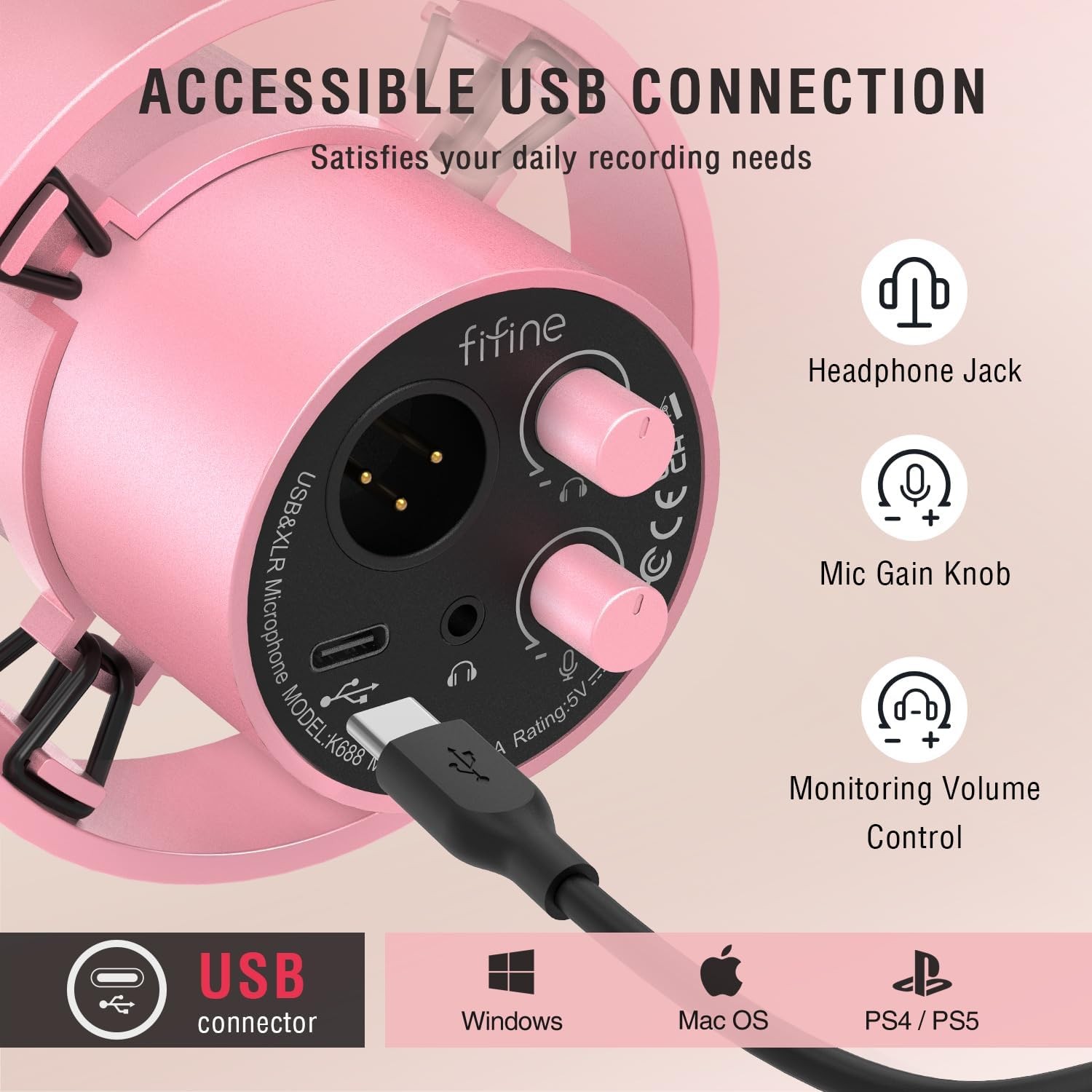 Dynamic Podcast Microphone XLR/USB with Mute Gain & Headphone Monitoring Pink