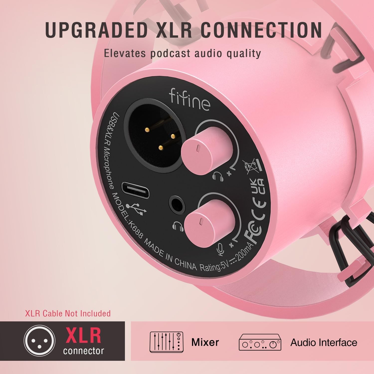 Dynamic Podcast Microphone XLR/USB with Mute Gain & Headphone Monitoring Pink
