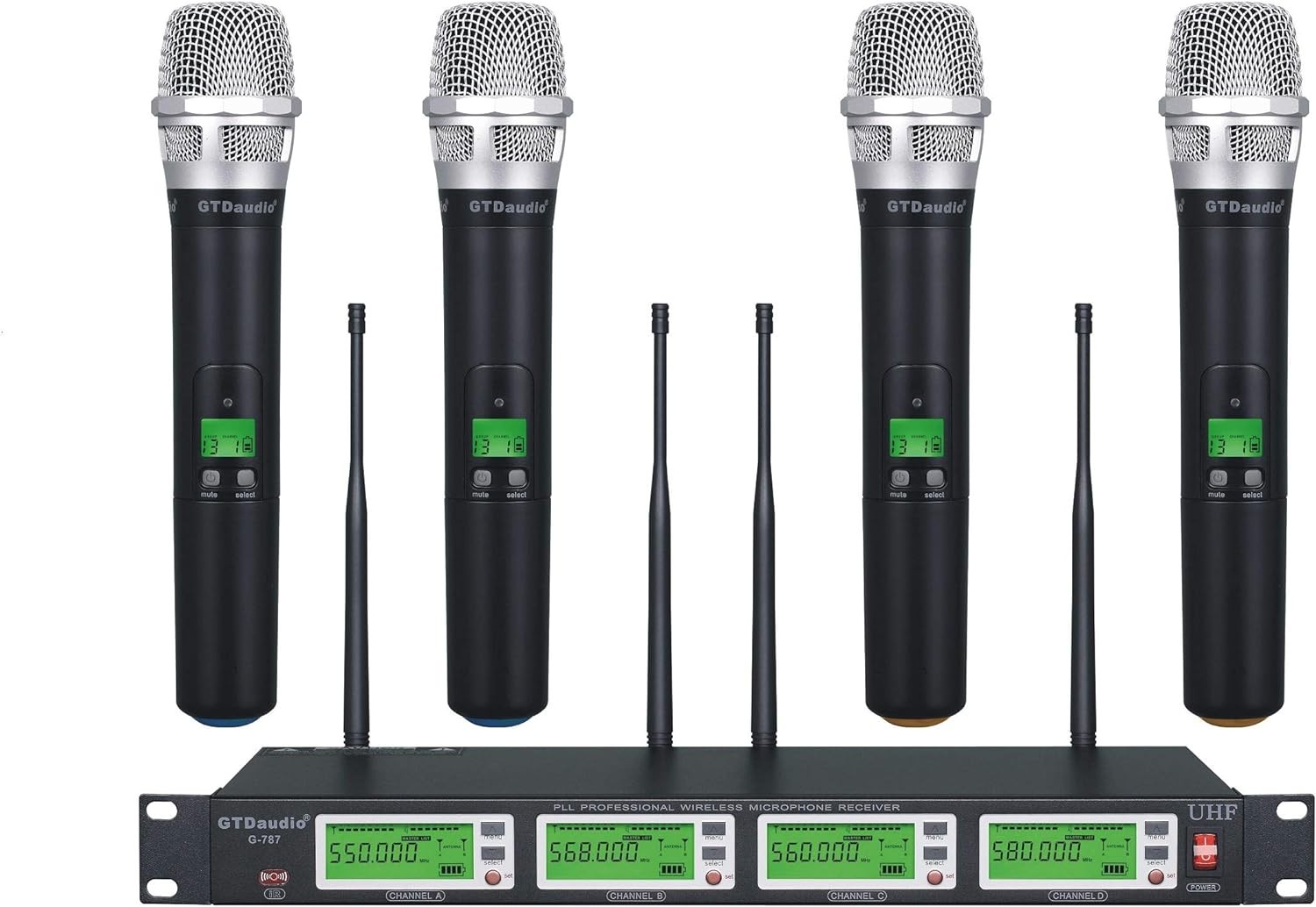 GTDaudio 4×800 UHF Diversity Wireless Mic System 4 Handheld