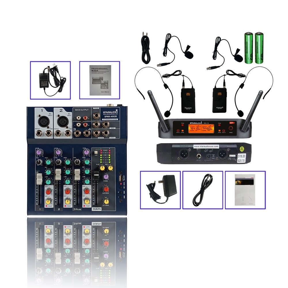 2 Channel UHF Headset Lavalier Lapel Microphone 4 Channel Mini Studio USB Mixer