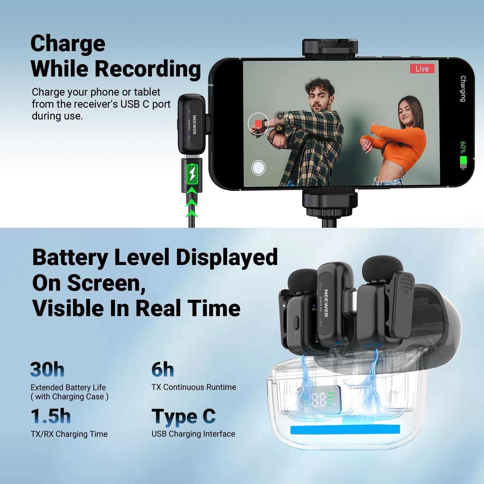 Wireless Mini Lav Mic System for iPhone Android PC 30H Battery App Control