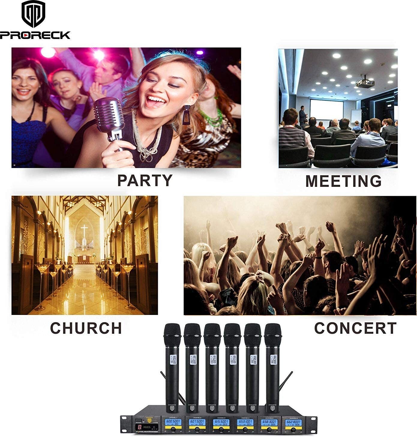 PRORECK MX66 6 Ch UHF Wireless Microphone Receiver System 6 Handheld Mics Rack