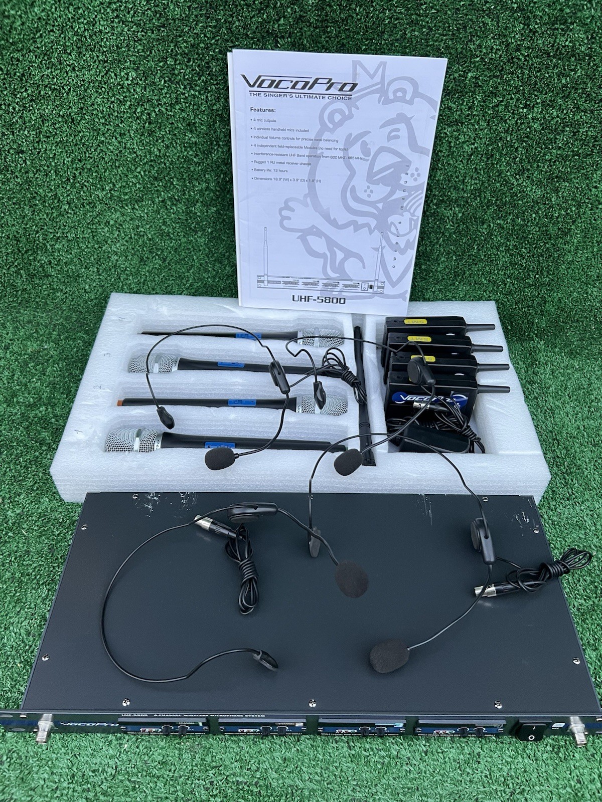VocoPro UHF-5800 Receiver & 4-Microphones, 4-Body Packs & 4 Headsets, Tested!