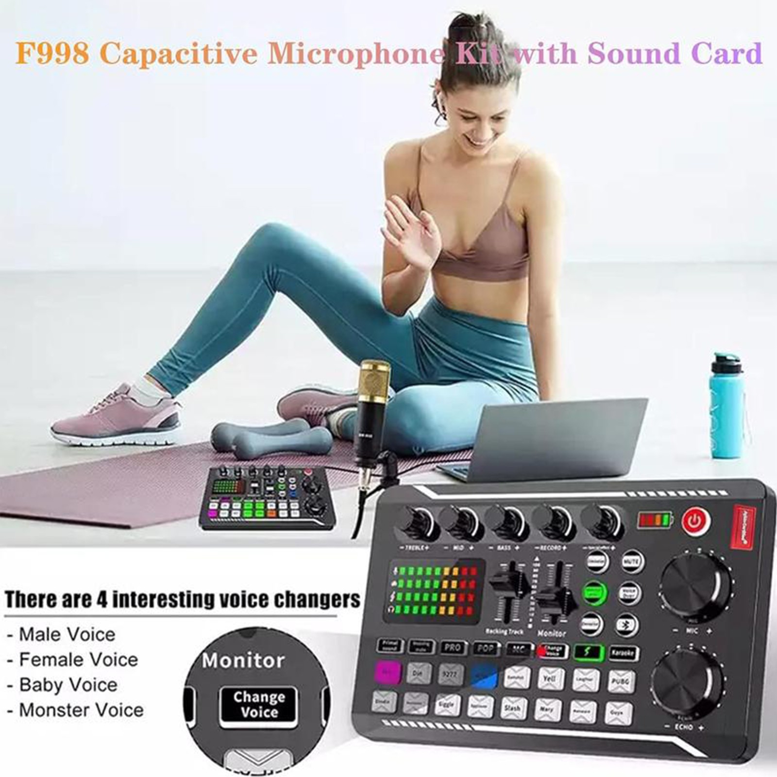 Podcast Microphone Suit w/Sound Card Audio Mixer Condenser Mic DJ Mixer (Black)