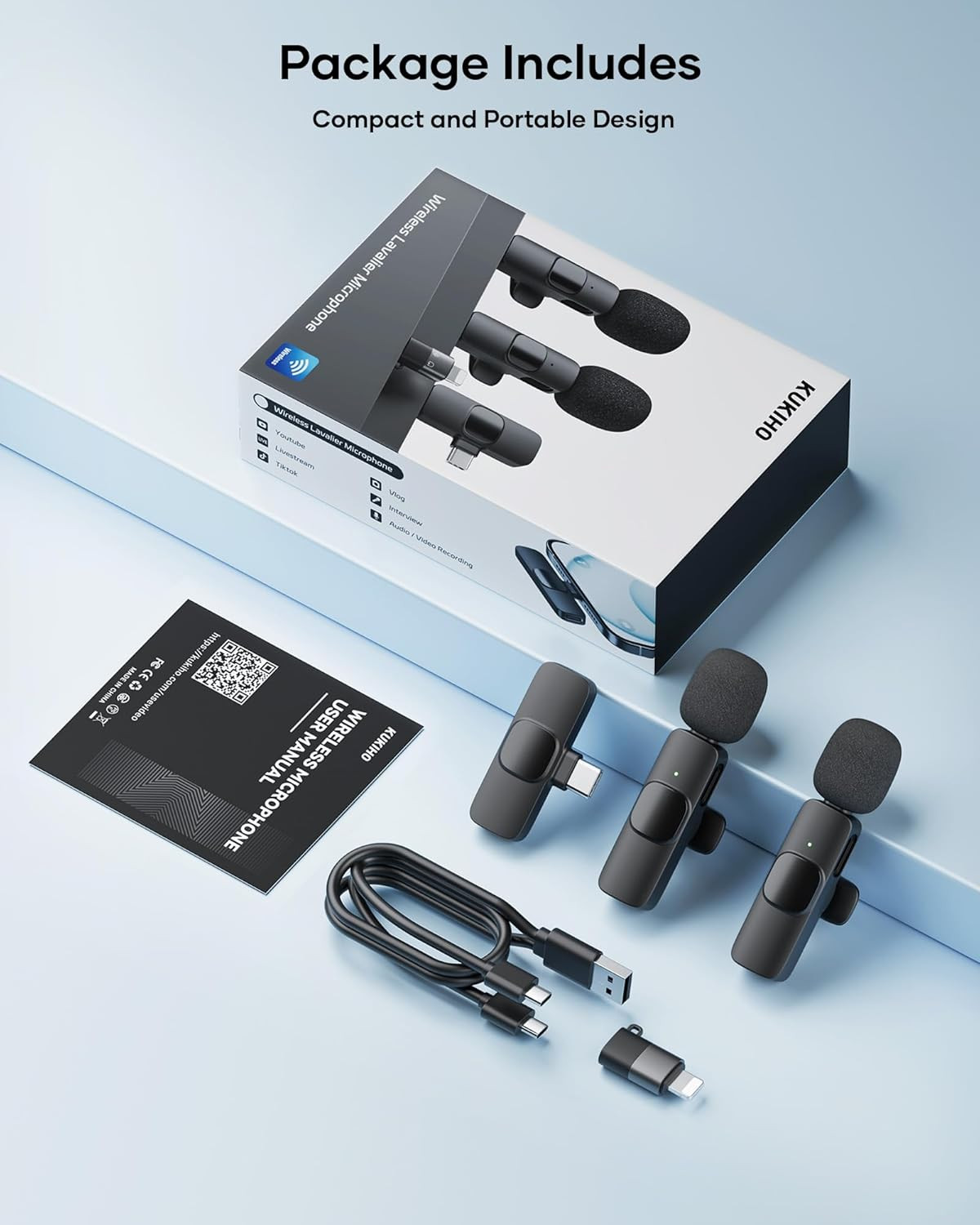 2 Pack Wireless Lavalier Microphone for Iphone Ipad and Android Phone, Lapel Mic