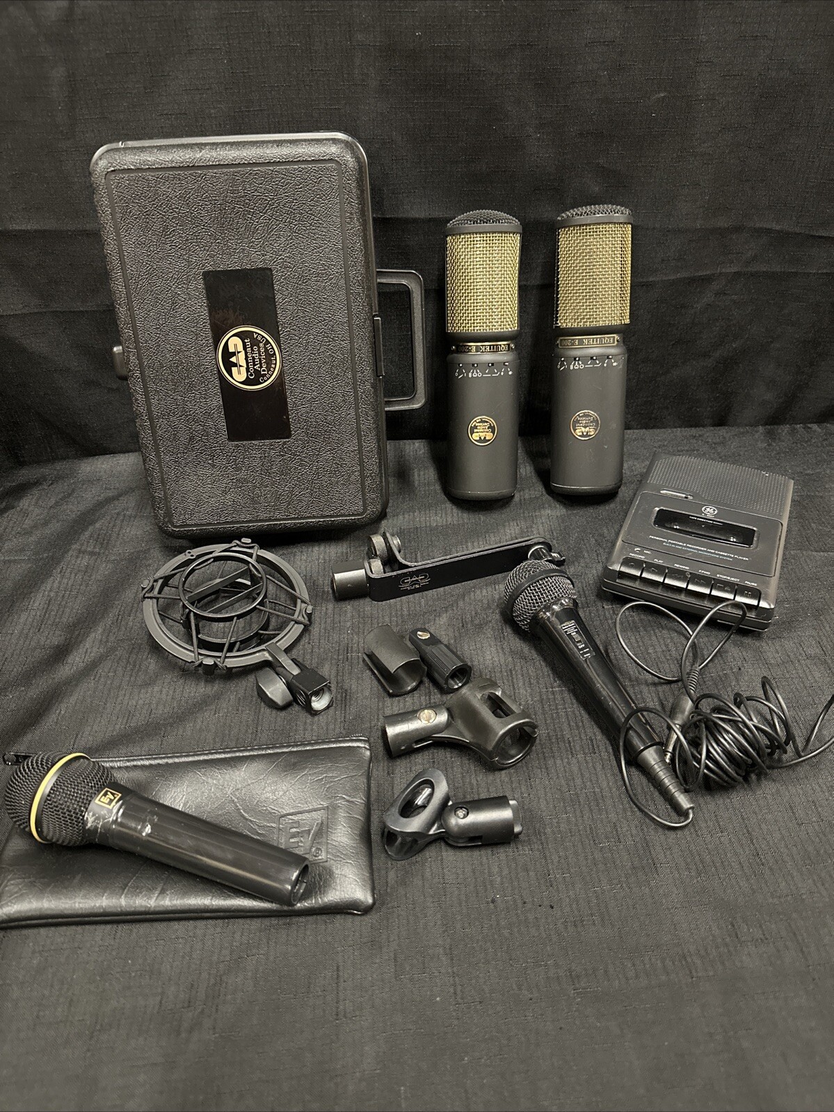 2 Cad Equitek E-200 Condensor Mics Case EV N/D767a Radio Shack 33-3009 GE 3-5067