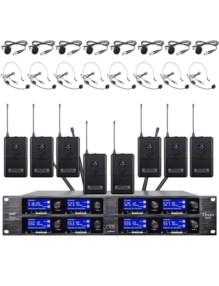 Tbaxo TB525 UHF 8CH 8 Lavalier Bodypacks 8 Headset Wireless Microphone Syst