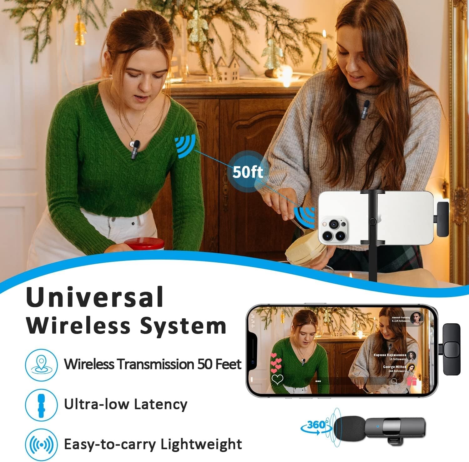 2 Pack Lavalier Wireless Microphone Audio Video Recording Mini Mic For iphone