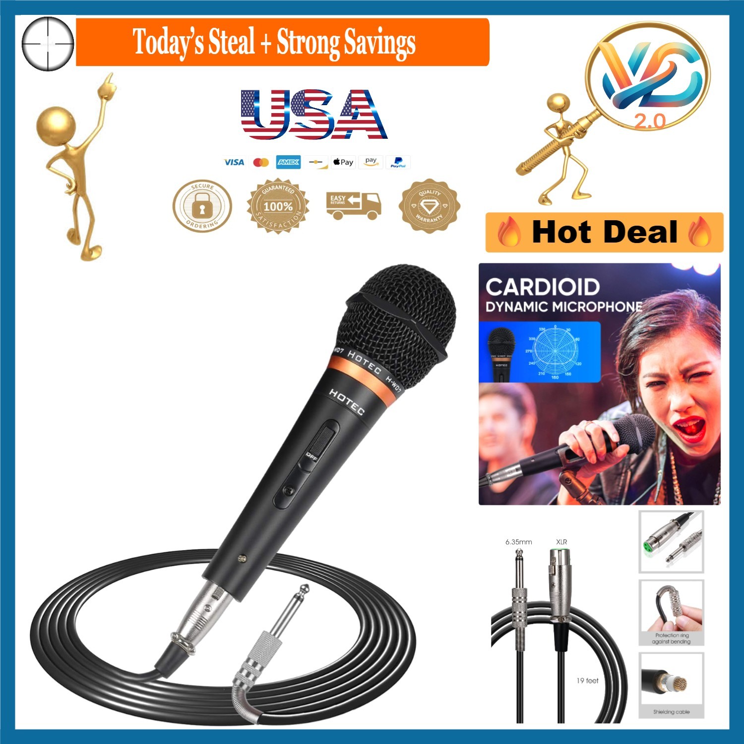 Handheld Dynamic Microphone with XLR Cable for Karaoke & Stage Black