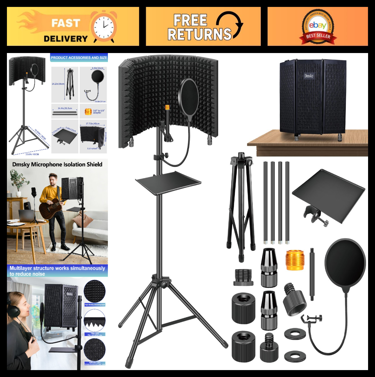 Microphone Isolation Shield with Pop Filter & Tripod Stand – Foldable Soundproof