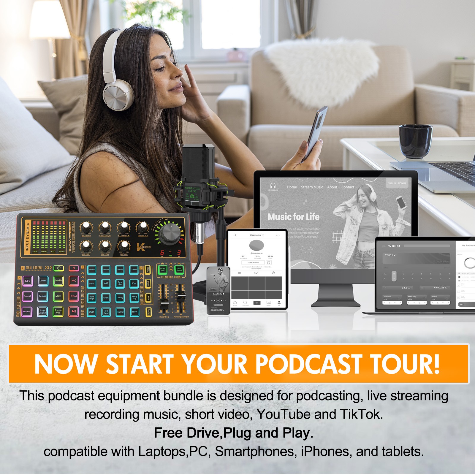Complete Home Studio Recording Kit Mixer Condenser Microphone For Music Podcast