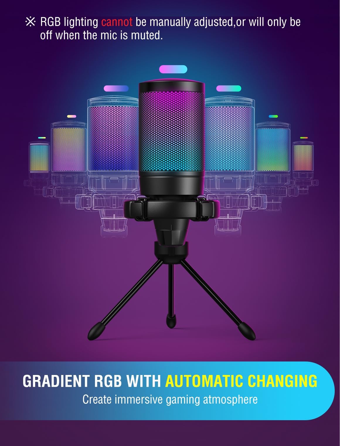 Gaming USB Microphone for PC PS5, Condenser Mic with Quick Mute, RGB Indicato…