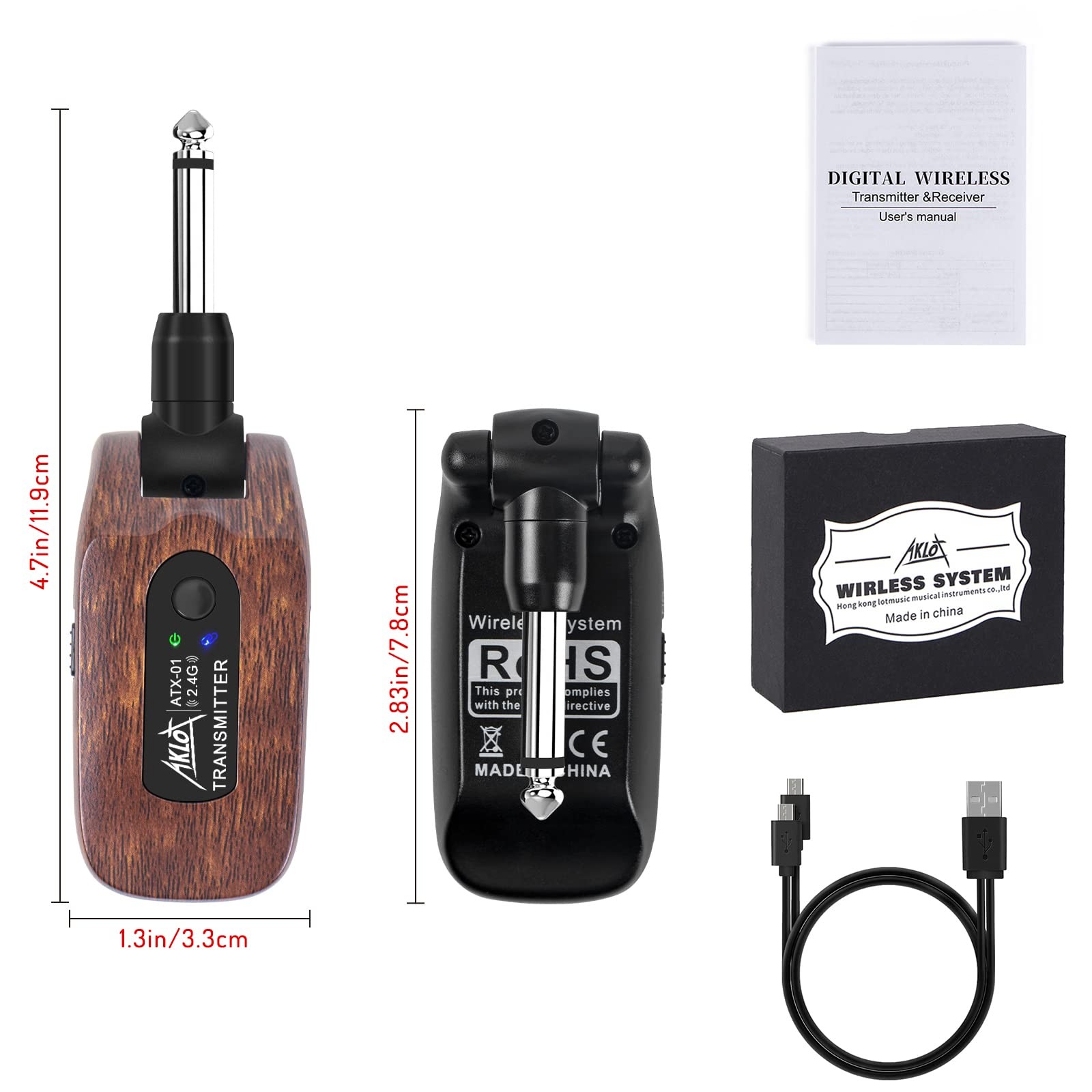 Wireless Guitar System 2.4GHz Transmitter Receiver Set for Electric Bass