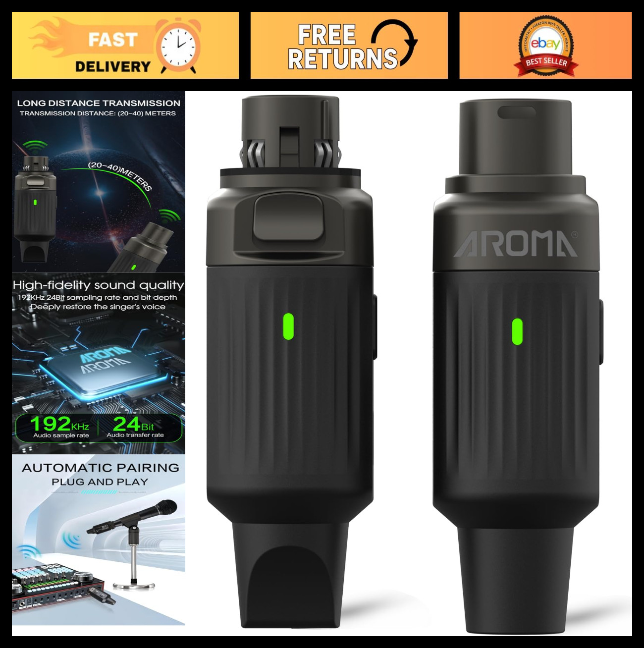 Wireless XLR Microphone Transmitter & Receiver, 130ft Range, 10H Battery, Plug &
