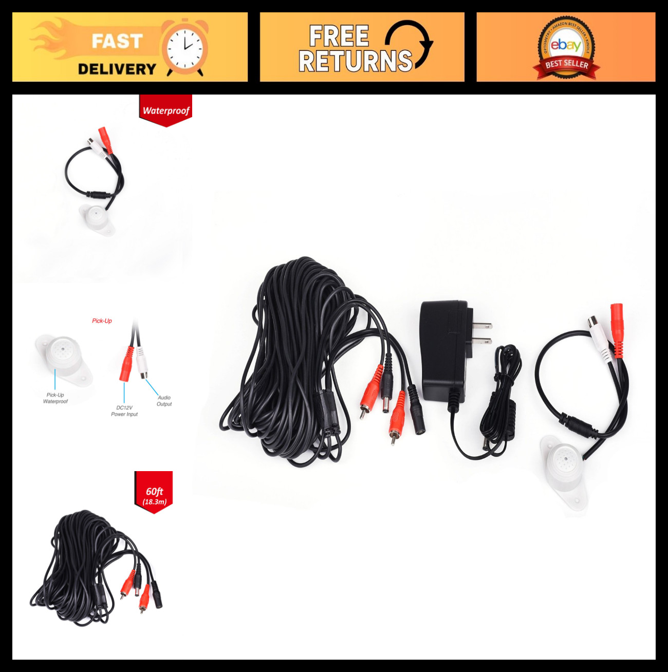 High-Sensitivity Weatherproof Preamp Microphone Audio Pickup Kit, 60ft Cable, Po