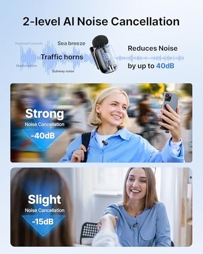 Wireless Mini Microphone for iPhone & Android, AI Noise Cancellation, 30H Batter