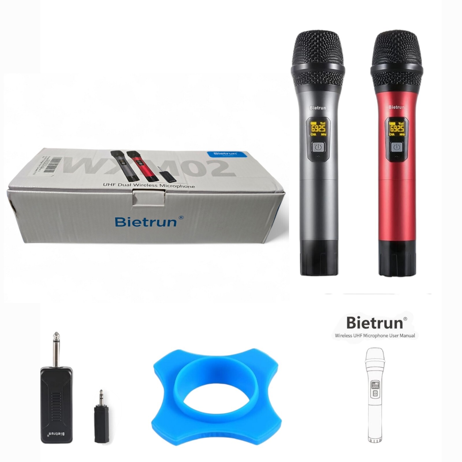 Bietrun WXM02 UHF Dual Wireless Microphone System w/Two Mics – Gray & Red NEW!