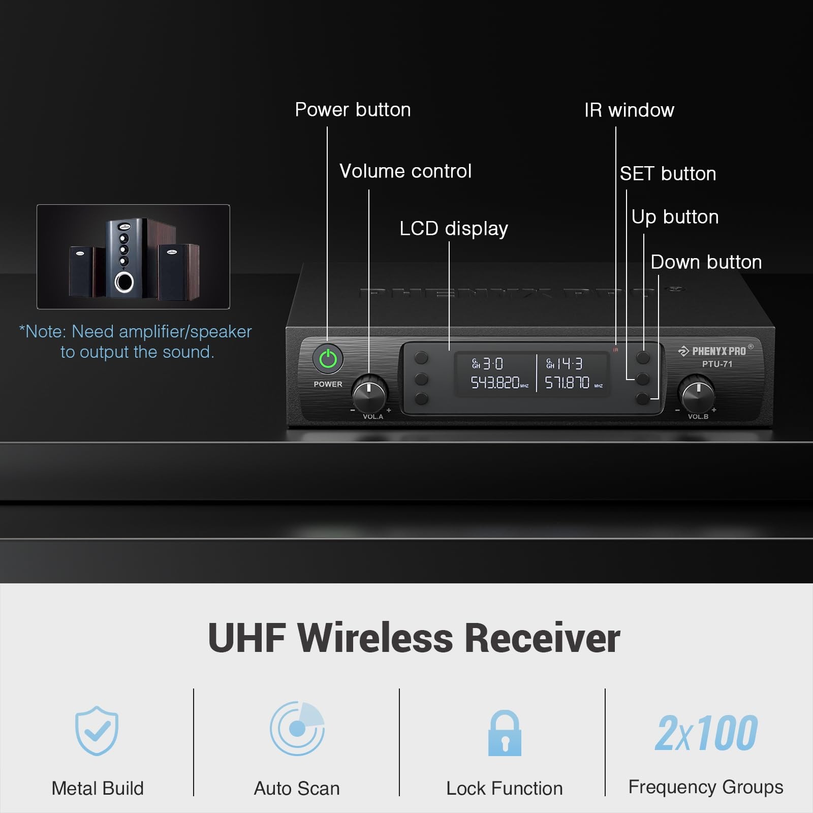 Phenyx Pro Dual UHF Auto Scan Handheld Wireless Two Mics, Black