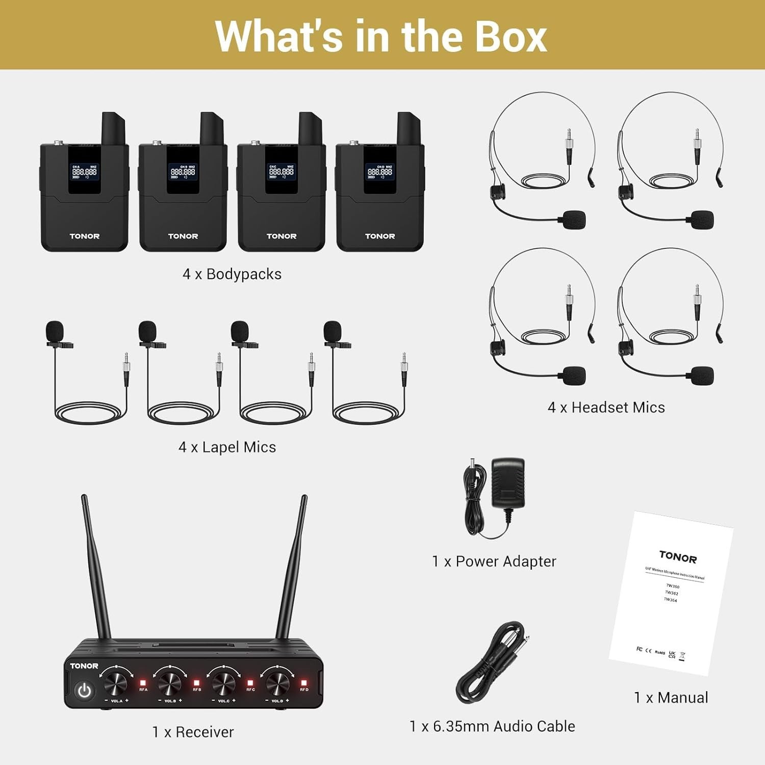 Professional Wireless Mic Set with 4 Bodypacks, 10 Channels
