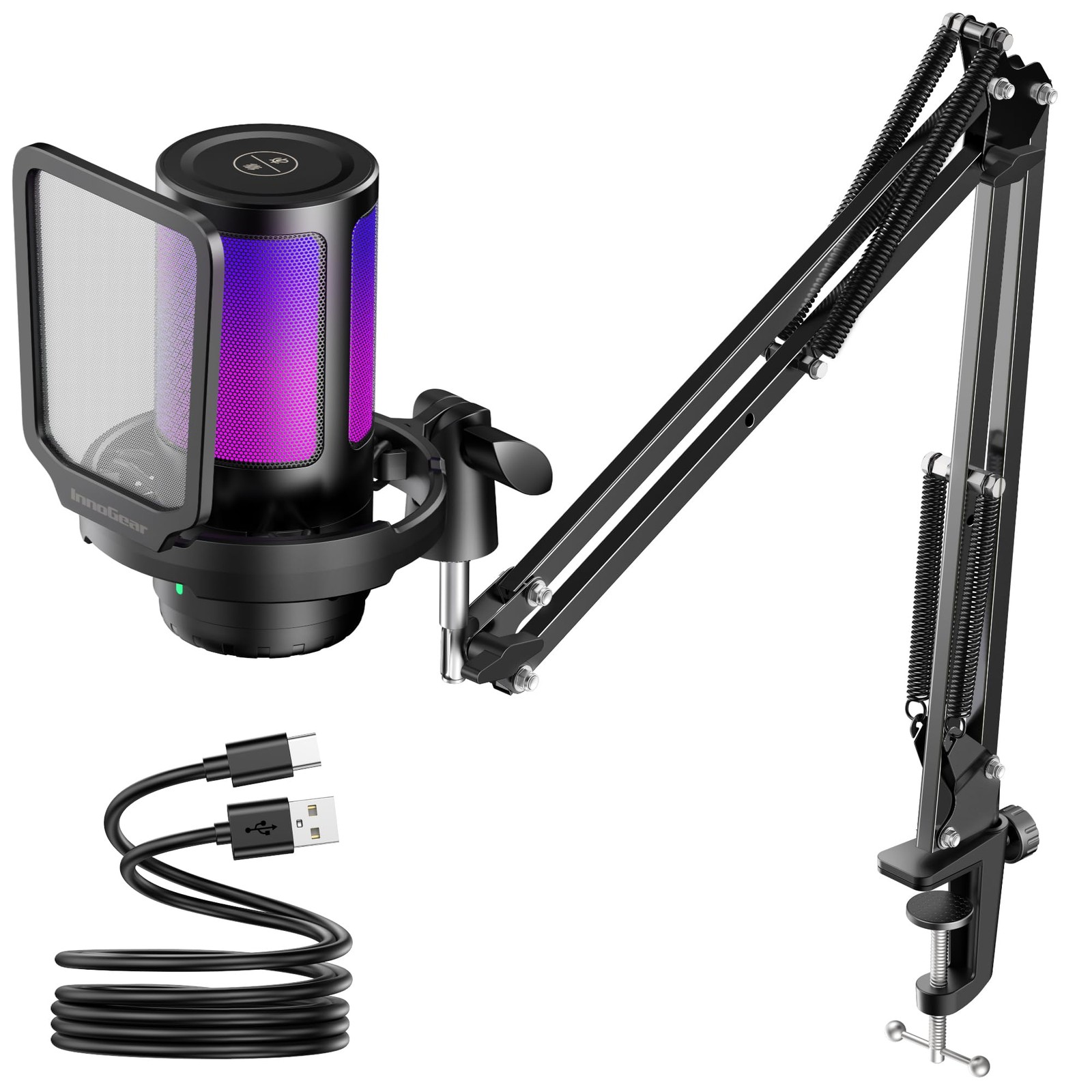 Gaming USB Microphone, Noise Cancellation Condenser Mic with Mute, Gain, RGB Ind