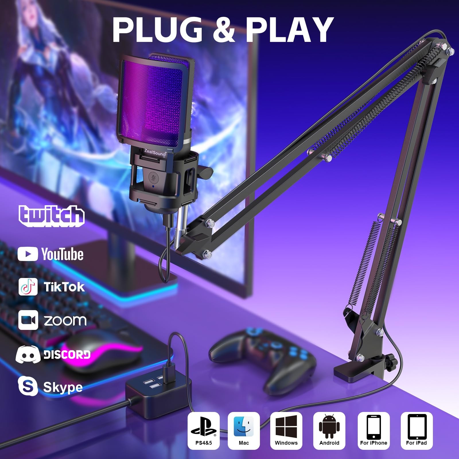 Gaming USB Microphone,Noise Cancellation Condenser mic,RGB Microphone with Mu…
